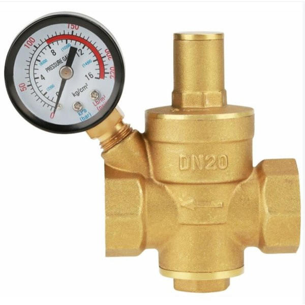 DN20 Messing Justerbar Vandtryksreducerende Ventil med Manometer Trykmåler, Messing Justerbar Vandtryksreducerende Ventil (DN20)