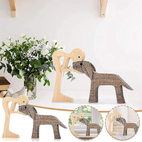 Familjevalp Träskulptur Prydnader, Naturligt Massivt Trä Husdjur Hund Familj Hantverk Skulptur, Handskuren Figur Kreativa Gåvor (man Och Hund) (hy)