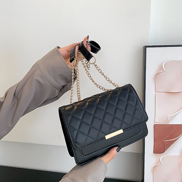 Liten Quiltad Crossbody-väska för kvinnor Quiltad axelväska Handväska med kedjerem Svart black