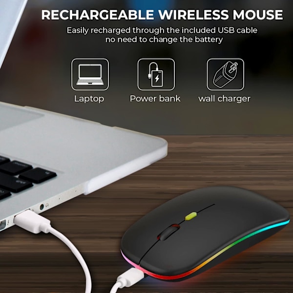 LED trådløs mus, slank genopladelig trådløs lydløs mus, 2.4G bærbar USB optisk trådløs computermus med USB-modtager til notesbog, pc, bærbar computer Black