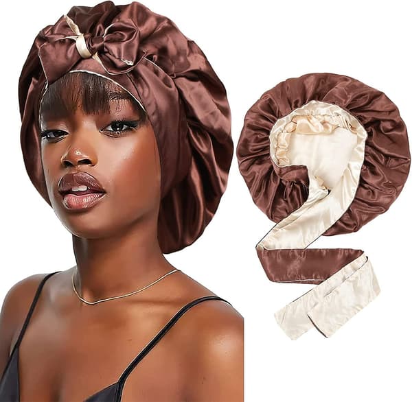 Satin Bonnet Silke Sovehætte Hårhuer Til Sorte Kvinder Elastisk Bånd Hår Brown and Champagne
