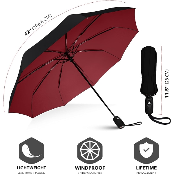 Vindtæt rejseparaply - kompakt, let, automatisk, stærk og bærbar - Vindafvisende, lille sammenfoldelig rygsækparaply til regn - mænd og kvinder