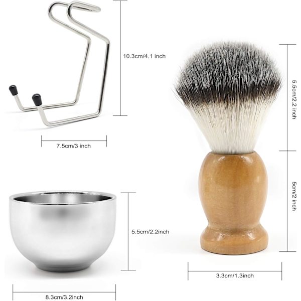 Sæt til barbering for mænd, vådsæt til barbering 3 i 1, inklusive barberbørste, barberskål i rustfrit stål, sikkerhedsstander, holdbar og nem at rengøre