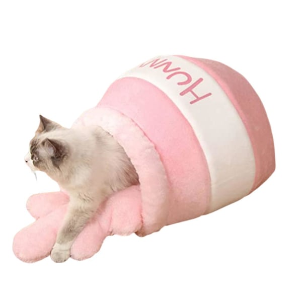 Søt honningpotte katteseng lukket vintervarm hundehus Universal Komfortabel kjæledyrplysj Kennel Pink