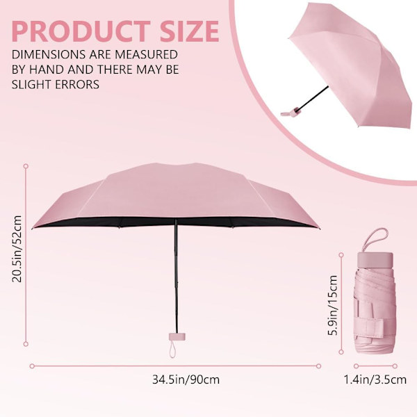 Rejse Paraply, 6 Ribber Mini Paraply Lille UV Paraply, Foldbar Solparaply Vindtæt Regnparaply med Kapselkasse, Foldbar Bærbar Lommeparaply Pink