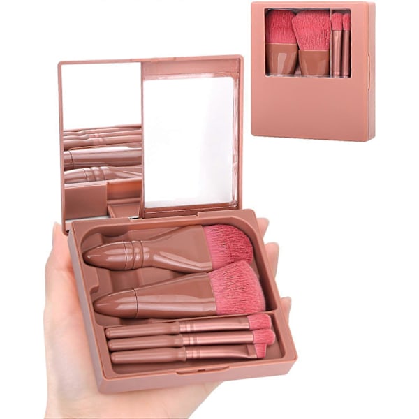 5 st Resestorlek Sminkborstar Set Mini Sminkborstar Litet Komplett Funktion Kosmetiska Borstar Kit Med Fodral Och Spegel Perfekt För På Språng pink