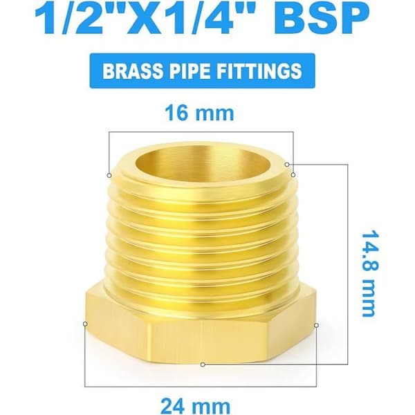 5 stk. 1/4\" BSP hun til 1/2\" BSP han messing reduktionsnippel med sekskantet gevindrørfitting