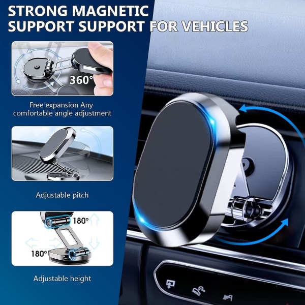 2-pack legering vikbar magnetisk biltelefonhållare, 360 ¡ã rotationsmagnetisk mobiltelefonhållare för bil,