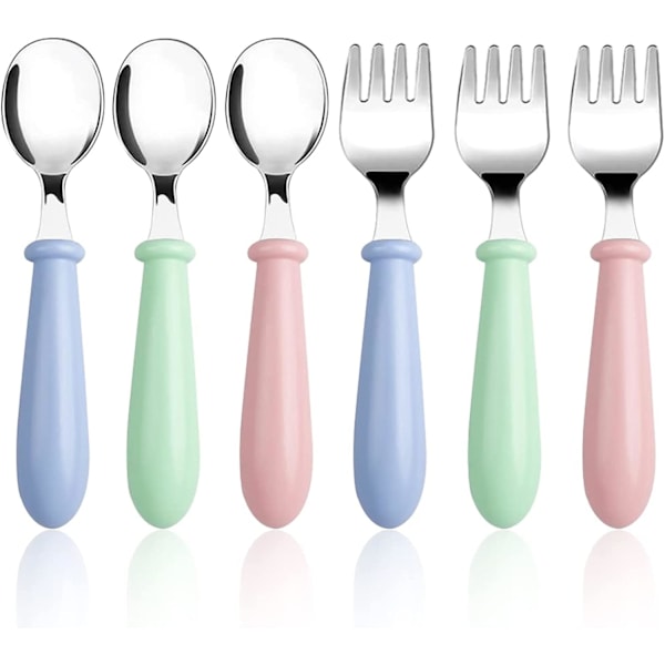 3 sæt/6 stk. babygaffel og ske, småbørnsbestik i rustfrit stål, gafler, skeer, sølvtøjssæt med rundt håndtag, børnebestik, børnebestik, x gafler