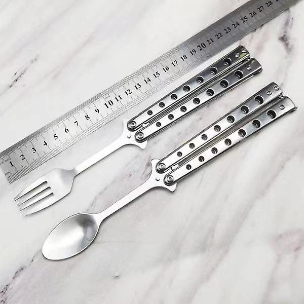 Metallinen taittuva lusikkahaarukka perhospeli turvallisuusharjoituslusikka