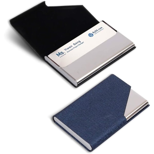 Käyntikorttikotelo, ohut Professional 2 pakkausta PU-nahkaa + ruostumatonta terästä case matkustamiseen ja yrityskäyttöön - musta ja sininen