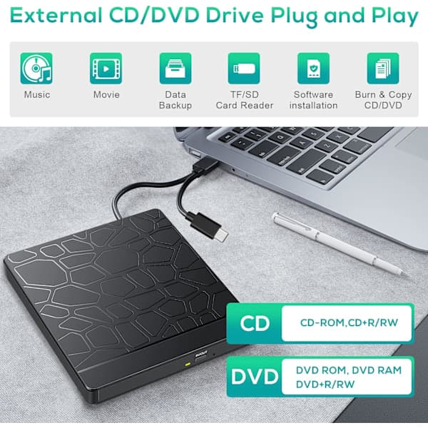Ekstern CD DVD-drev til Windows 11 10 Laptop, USB 3.0 og Type-C Bærbar CD DVD +/-RW ROM-drev B