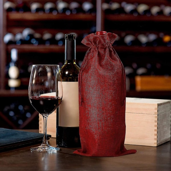 12 x Vinflasker Røde Juteposer Flaskeposer Stofposer Gaveposer Til Vinflasker Champagneflasker, 16 X 36 Cm