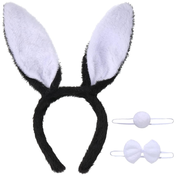 Påskhareöron Set, 3-delars plysch kaninöron pannband fluga för cosplay fest accessoarer Black