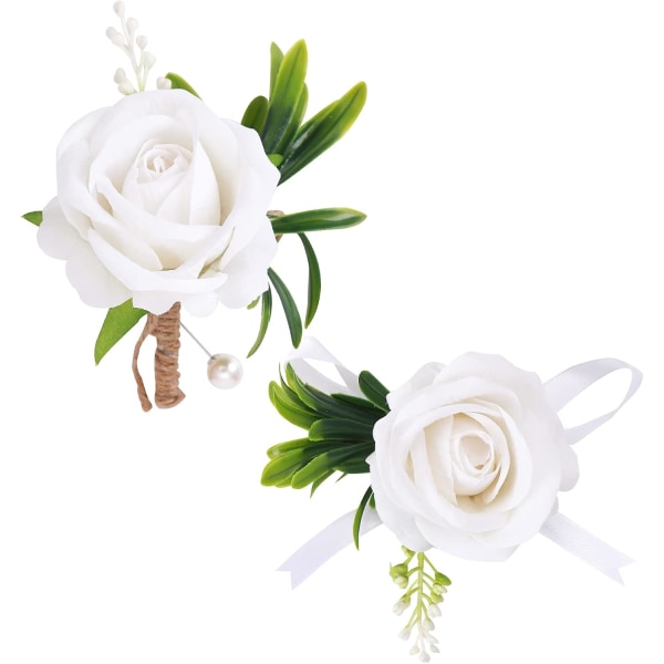 Rannekorsaatit häihin, kukka rannekeetti Keinotekoinen hääruusu morsian set Kukkia boutonniere juhlaan (valkoinen)