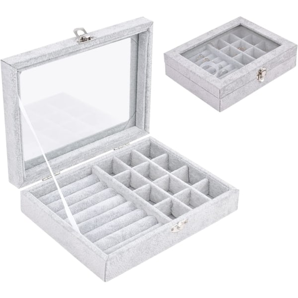Smykkeoppbevaringsboks, smykkeutstillingsboks med glassdeksel, multifunksjonsoppbevaringsboks for smykker, smykkeutstilling for smykker (grå)