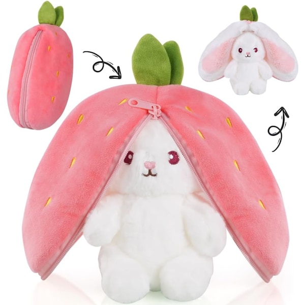 Rabbit Plush Toy, Reversible Bunny Carrot Strawberry Pillow with Zipper, Strawberry Plush Cute Bunny Plushie Toy for Girls Boys Easter Children's Day