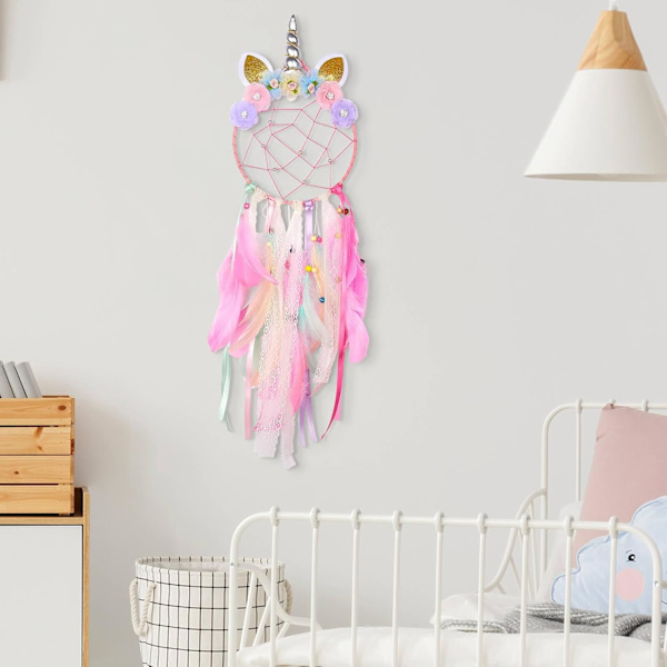Enhörningsdrömfångare Flicka Stor Drömfångare Barn Sovrumstillbehör Handgjorda Färgglada Fjäderblommor Väggdekoration Barnkammare Välsignelse Pink