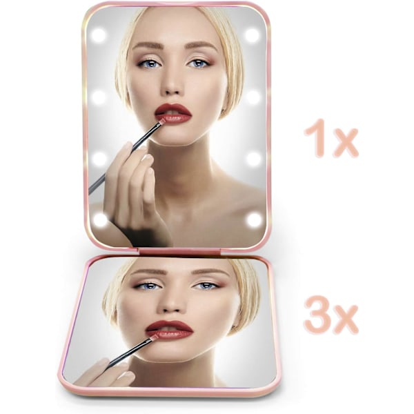 Taskupeili, 1X/3X suurentava LED-meikkikompaktipeili valolla, mahtuu käsilaukkuun