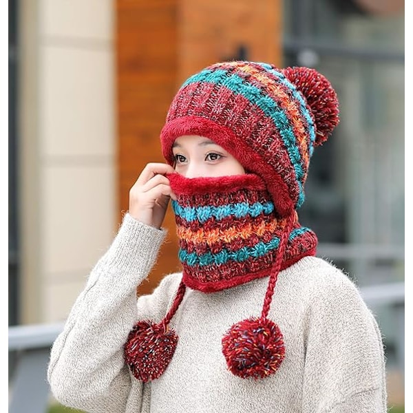 Neulehattuhuivisetti Talvi Lämmin Paksu Virkattu Pom Pom Beanie Hat Cap Ulkoilu Hiihto Lumilautailu Pyöräily Pom Pom Hemming Hatut Fleecevuorilla