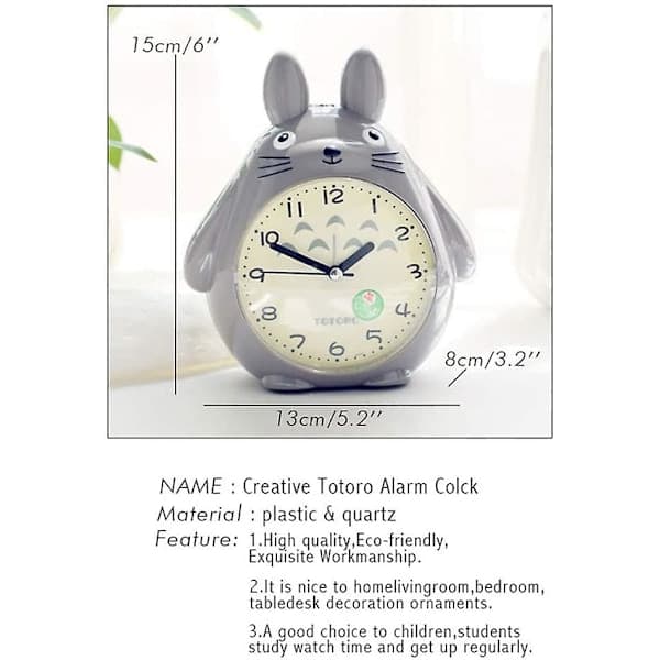 Wekity Totoro-tema, slumrefunksjon, stille og LED-nattlysklokke, beste gave til barn, tenåringer og venner, grå