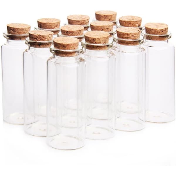 Mini 30 ml lasipurkit (3 cm x 7 cm) korkki- ja puutulpilla, toivepullot/viestipullot (12 kpl)