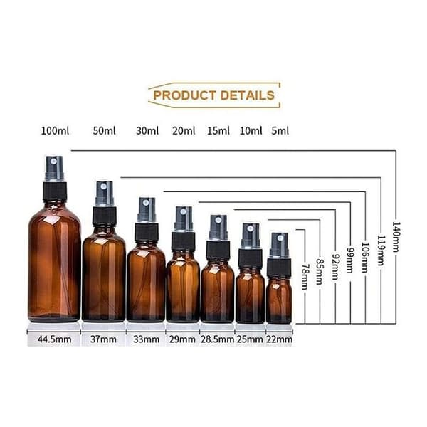 50 ml ravfarvede glassprayflasker med fin forstøver og støvhætte, tom beholder