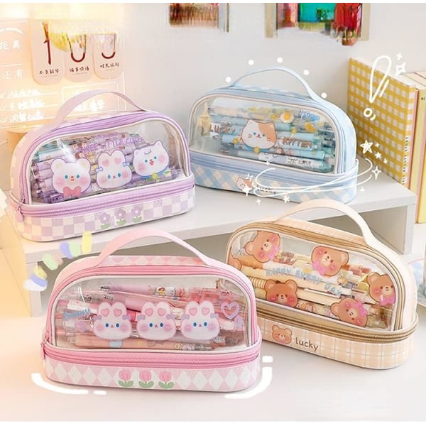 Suuri kapasiteetti kynäkotelo Kawaii 2 osasto pussi kynäpussi japanilainen kangas paperitavarat kynäteline esteettinen meikki kosmetiikkalaukku (Kakhi)