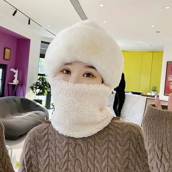 Naisten pyöräilytuulenpitävä huivihattu Talvinen kaulaliina Lämmin fleece-naamio Termohuppu Pompomilla hiihtämiseen pyöräilyyn One Size,Beige