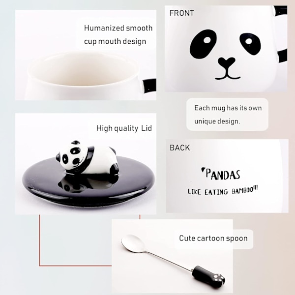 Søt keramisk kaffekopp med lat panda, 3D panda-lokk og skje, 3D panda kaffekopp, krus, nyhet kaffekopp, tekopp, melkekopp, gaver