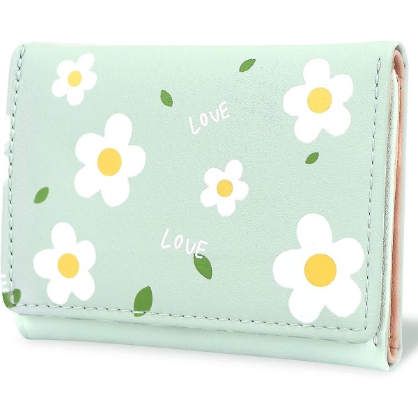 Söt slimmad läderplånbok för kvinnor, små blockerande trefaldiga plånböcker för flickor och damer med ID-fönster (grön blomma) (hy)