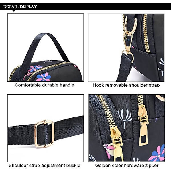 Cross Body Phone Bag Women,Nylon Wallet Shoulder Bag,3 Layers Zipper Cell Phone Purse with Adjustable Strap(Black Pattern 2)