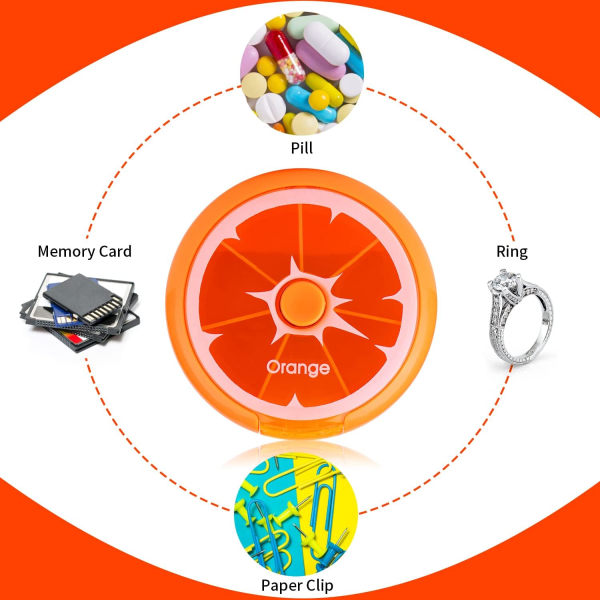 Kreativ bærbar mini 7 dages ugentlig cirkulær form roterende sød frugt stil pille opbevaringsboks (orange)