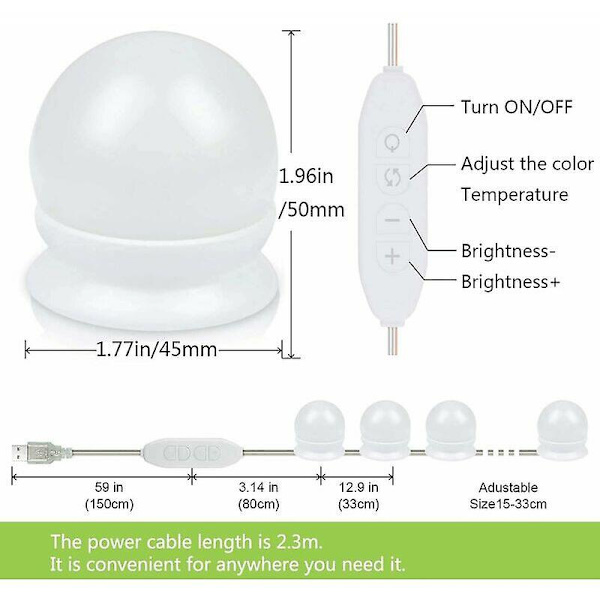 Hollywood-inspirerad USB-driven spegel med LED-lampor, 3 färgtemperaturer och 10 justerbara ljusstyrkor