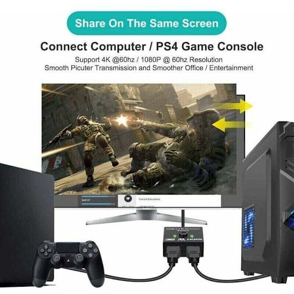 HDMI-switch, 2-ingångs 1-utgångs dubbelriktad 4K HDMI-splitteradapter eller 1-ingångs 2-utgångs switch, stöder 3D 4K 1080P, HDCP, HDMI-switch