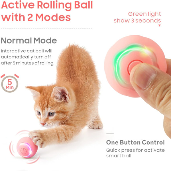 Interaktiv katt leksak boll husdjur leksak boll med LED-ljus automatisk roterande intelligent för katt inomhus, USB-laddningsbar (rosa)