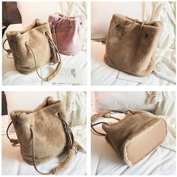Kvinnor Höst Vinter Konstgjord Päls Axelväska Plysch Handväska Fluffig Hinkväska Tofs Crossbody Väska Khaki