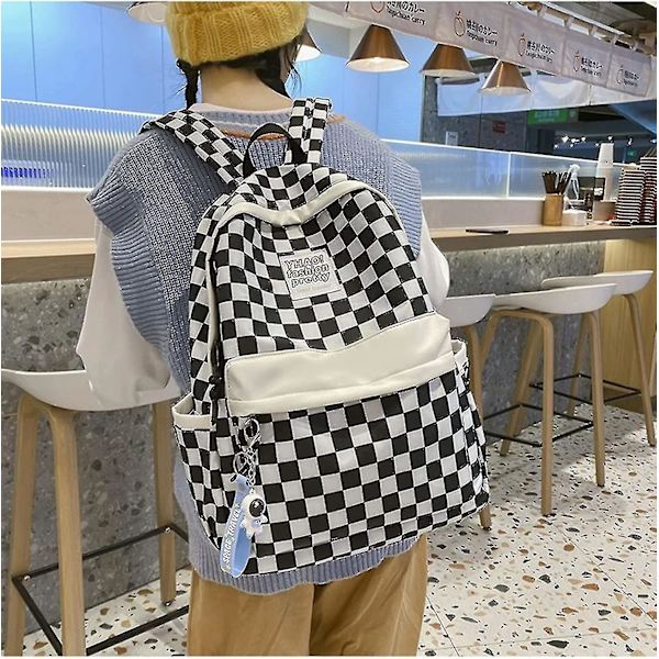 Rutiga ryggsäck Gingham skolväskor Tillbaka till skolan Material för studenter (svart)