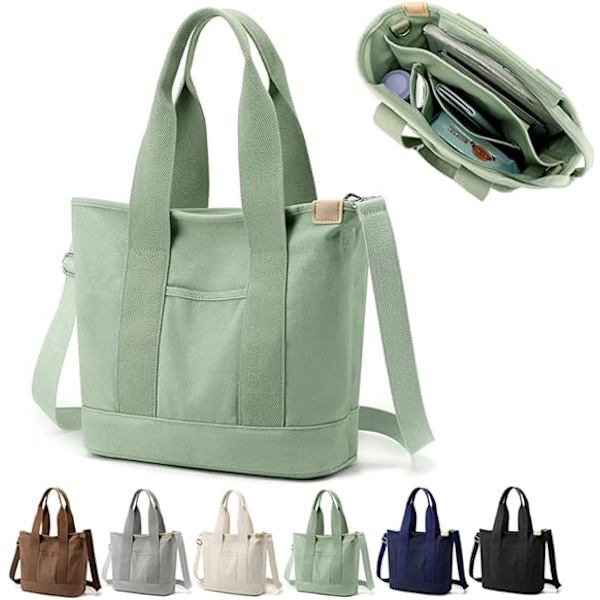 Multifunktionell Tote Bag med dragkedja, handgjord canvasväska med fack, multifunktionell axelväska för kvinnor, damer, universitet, skola, arbete, resor Green - Medium