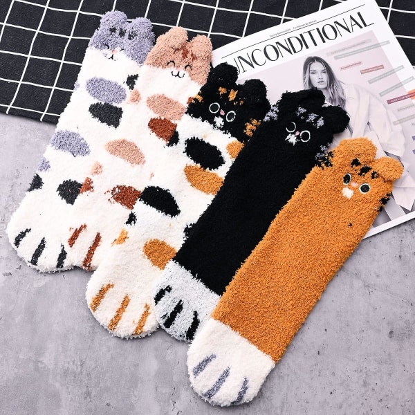 5 par fluffy sokker - søde kattepote-sokker