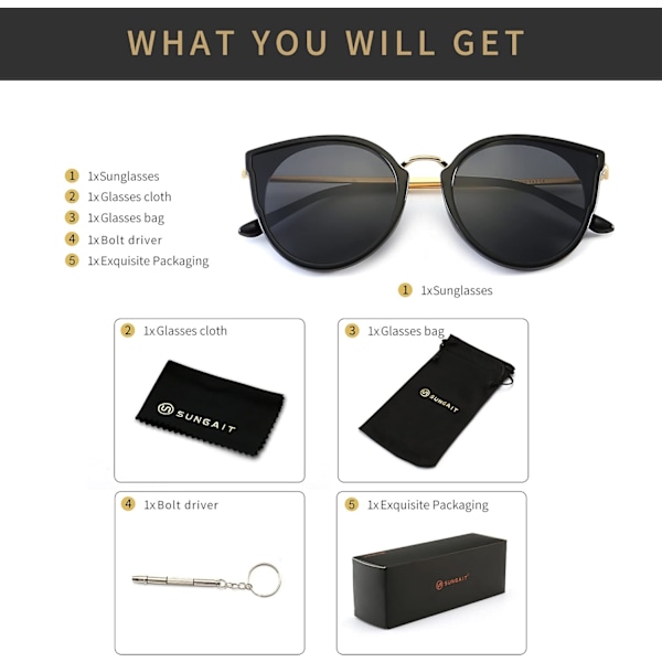 Kvinners Oversized Cat Eye Polariserte Solbriller Retro Anti-UV Solbriller -SGT969 Black Frame Glossy Finish/Grey Lens