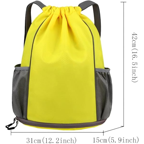 Gym Bag String Svømme PE Bag Sport Gym Trekksekk Bag Vanntett Trekksekk Sport Bag med Utvendig Glidelås for Sport Strandferier Svømming Reise Yellow