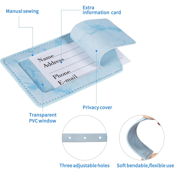 Bagasjemerker 2-pakning, reisesikre bagasjemerker, PU-marmor-bagasjeetiketter, koffert-ID-merkesett, personlig visittkort (rosa+blått)