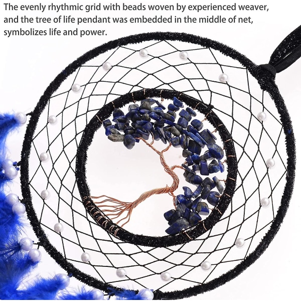 Drömlik djupblå Livets träd Drömfångare Väggdekor med läkande Kristallsten Handgjorda fjäderdrömfångare Dekoration Väggupphängning för tjejer