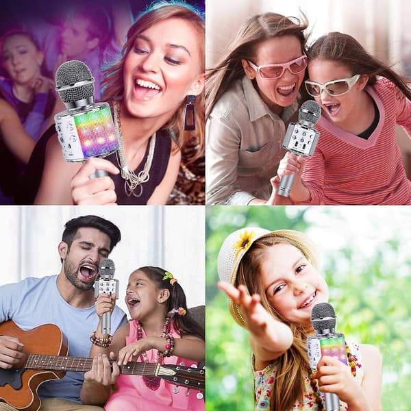 Bluetooth 4-i-1 Karaoke Trådløs Mikrofon med LED-lys, Bærbar Mikrofon
