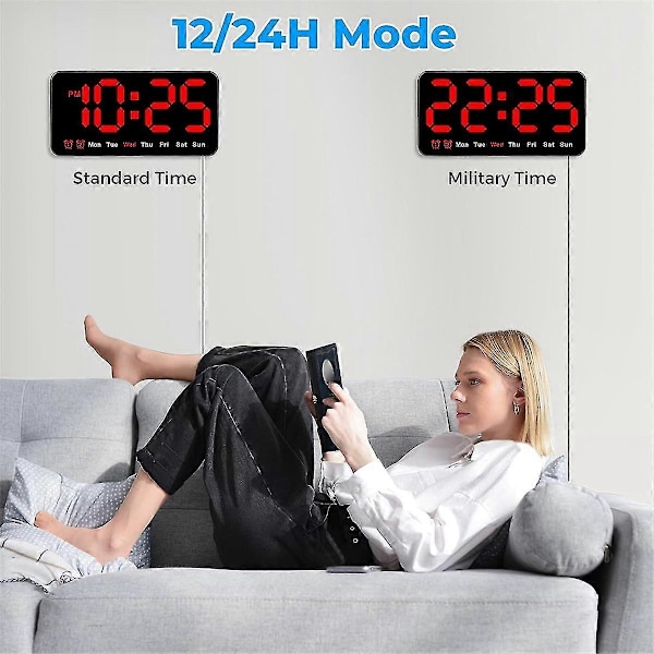 Digital väggklocka, 9 tum LED digital klockdisplay med 12/24h, stora siffror, liten tyst väggklocka (röd)
