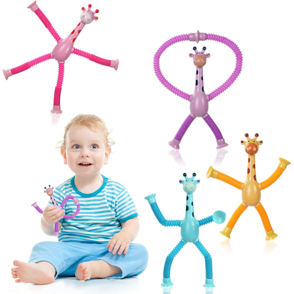 Sugkopp Giraff Leke, 4 Stykker Nye Barn Sugkopp Leke, Pop Tubes Sensoriske Leke for Barn, Dekomprimer Utdanningsmessige Sensoriske Leke for Barn & Voksne 4 Pcs Giraffe