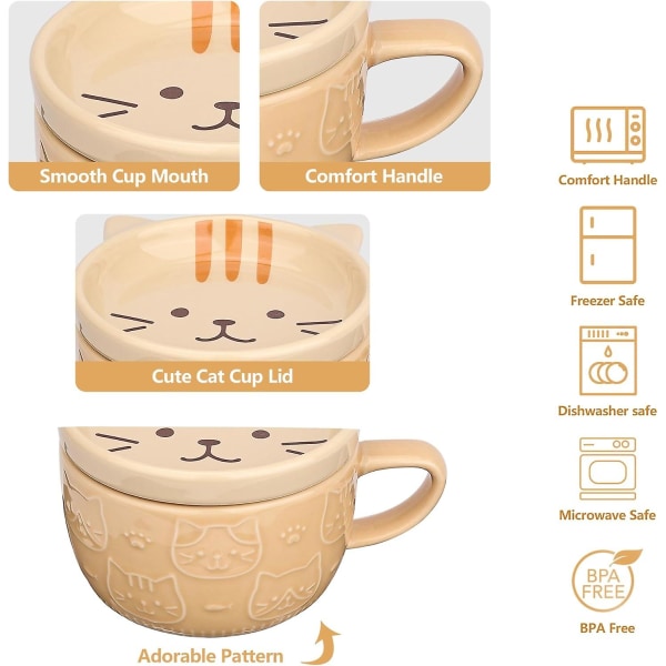 Keraaminen kissan kahvimuki kannella, kawaii-kahvimukit tai teekupit kissan ystäville, hauskoja uutuuskissan aamiaismukkeja naisille
