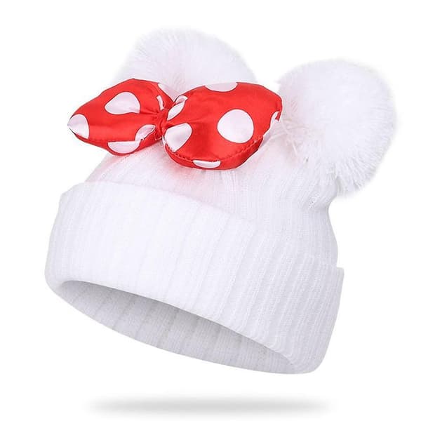Lue for småbarn Vinter Dobbel Pom Pom Strikket Lue White