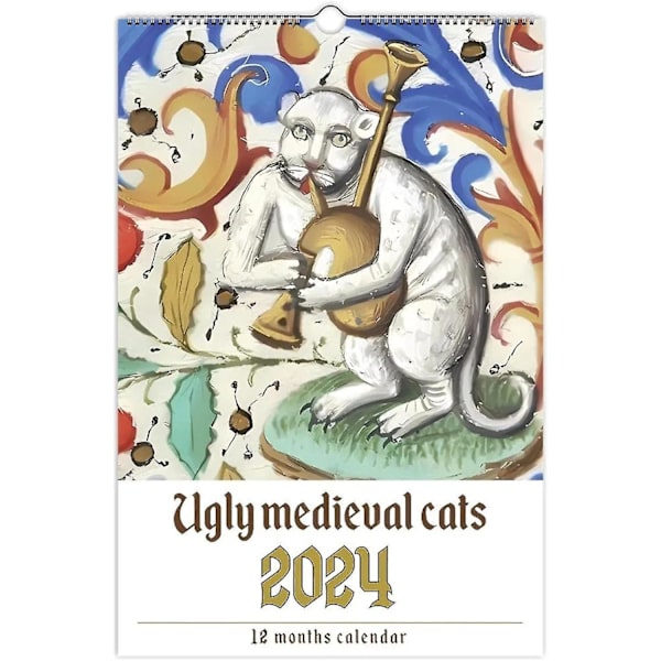 Kalender med malerier af middelalderlige katte 2024, kalender med grimme middelalderlige katte 2024, kalender med vægmalerier af grimme middelalderlige katte, kalender med gave med mærkelige middelalderlige katte 1pcs
